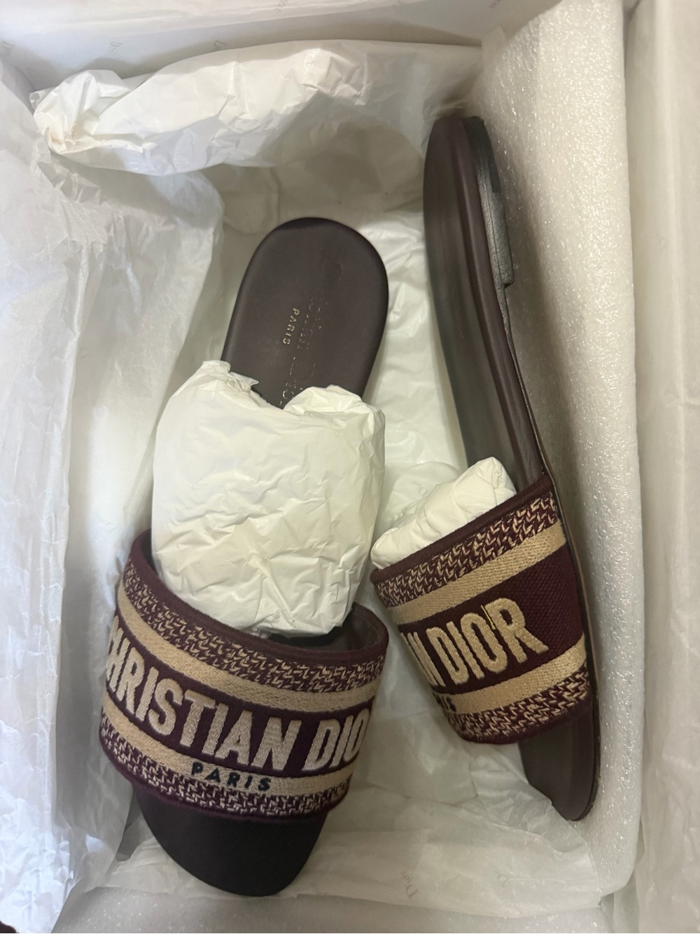 Dior Men’s Burgundy and Beige Logo Slide Sandals